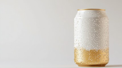 Poster - Elegant white and gold soda can with condensation beads, isolated on a clean white backdrop, offering a sophisticated and chilled product presentation