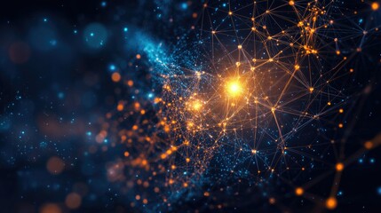 Poster - Science background with 3D atoms and molecules interconnected, glowing against a dark backdrop, illustrating breakthroughs in scientific and medical fields