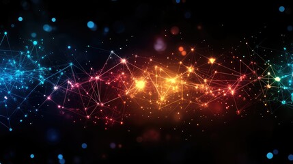 Poster - Science background with 3D atoms and molecules interconnected, glowing against a dark backdrop, illustrating breakthroughs in scientific and medical fields