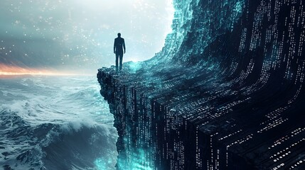 Poster - lone hacker decodes glowing digital ocean waves of binary code on cliff edge