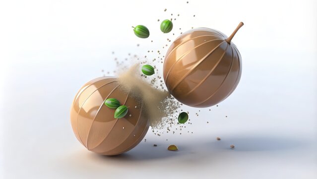 Two Brown Spheres with Green Berries and a Dust Cloud