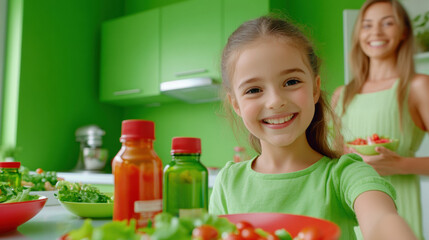 Wall Mural - Smiling girl and woman in green kitchen with fresh vegetables and sauces, AI