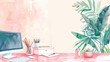 © Tanayut - Minimalist workspace with computer, plants, and stationery in watercolor style on soft pink desk