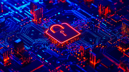 A modern and visually striking representation of data security, featuring a digital lock symbol at the center, surrounded by a network of interconnected circuits and binary code.