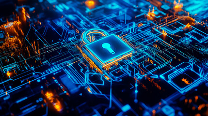 A modern and visually striking representation of data security, featuring a digital lock symbol at the center, surrounded by a network of interconnected circuits and binary code.