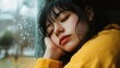 © chic designs - 平和な反射：心地よいセーターを着て雨の降る窓辺で休む穏やかな女性