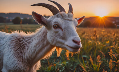 Poster - A goat is standing in a field with the sun shining on it