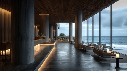 Poster - The minimalist interior design of the hotel is made with dark wood walls and a concrete floor with lighting and ocean view.