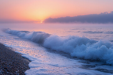 Wall Mural - Sunrise over gentle waves at the beach with soft pastel colors