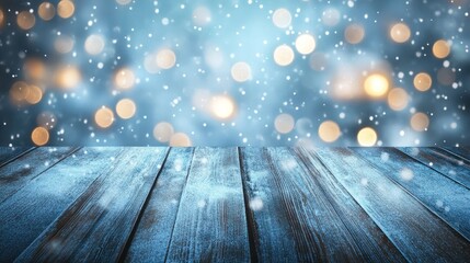 Poster - Wooden table against bokeh of christmas lights on snowy background - Generated AI