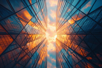 Wall Mural - Reflections of sunset sky between towering glass buildings