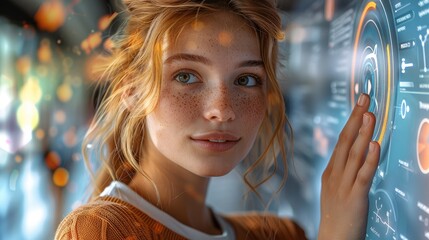 Poster - Woman in a futuristic environment, surrounded by curved screens, navigating an intuitive user interface.