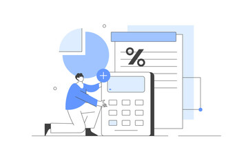Poster - Character manage finances. Calculating and analyzing personal or corporate budget, managing financial income, consulting with accountant. Vector Illustration, icon. Stylish, Minimalist line, abstract
