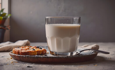 Aufkleber - A glass of milk is on a plate with a cookie