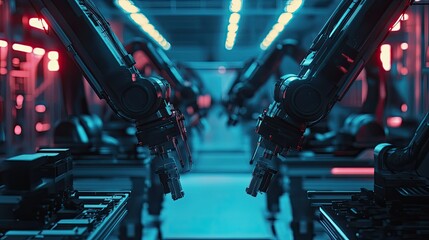 Poster - Futuristic Industrial Robots in Neon Lighting