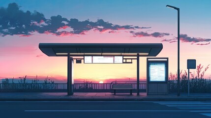 Fototapete - Sunset at Bus Stop with Scenic Background