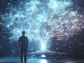 Wall Mural - Financial Planner Visualizing Holographic Family Tree with Glowing Branches Representing Financial Milestones and Goals