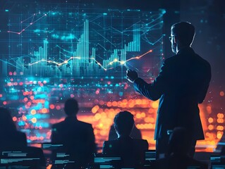 Poster - Business Leader Presenting Futuristic Holographic Growth Chart to Team