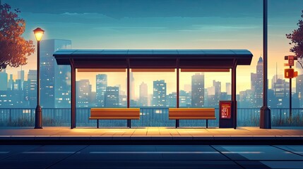Poster - Vibrant Cityscape Bus Stop at Dusk