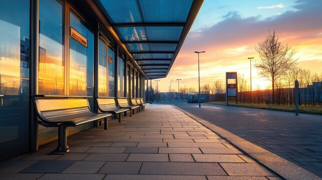 Sunset Reflection at a Modern Bus Stop