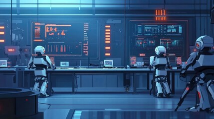 Poster - Futuristic Control Room with Robots and Screens