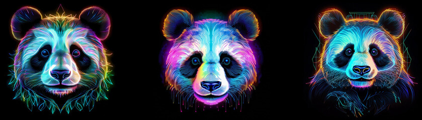 Poster - Three neon panda faces with different colors glow brightly against a black background.