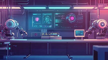 Poster - Futuristic Laboratory with Robots and Digital Displays