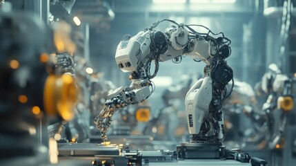Poster - Futuristic Robot Arm in a High-Tech Factory Setting