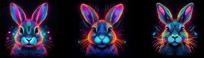 Poster - Three neon bunnies with glowing fur look directly at the viewer.