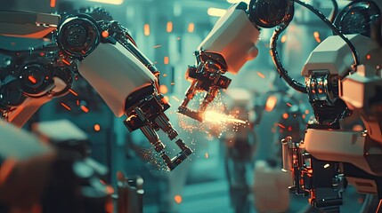 Poster - Robotic Arms Working in Futuristic Factory Environment