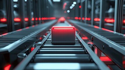 Poster - Futuristic Warehouse Conveyor with Neon Lights