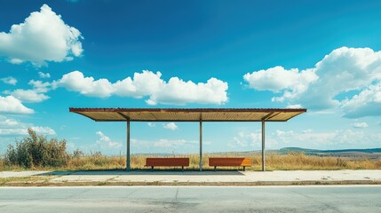 Poster - Empty Bus Stop Under Bright Blue Sky