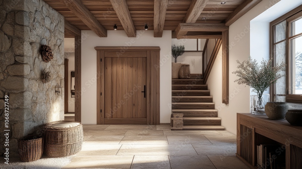 Luxurious entrance hall with timber beams, a large wooden door, and ...