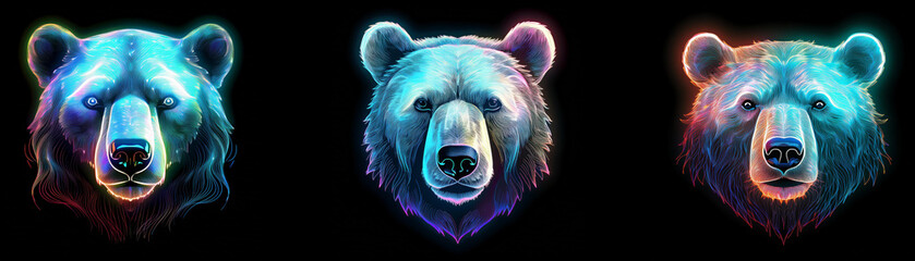 Poster - Three bear heads with glowing fur in different colors against a black background.