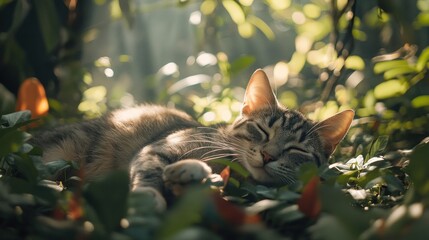 Sticker - Tabby Cat Napping in a Sun-Dappled Garden