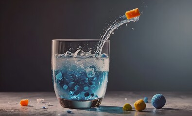 Poster - Glass of blue liquid with ice cubes in it