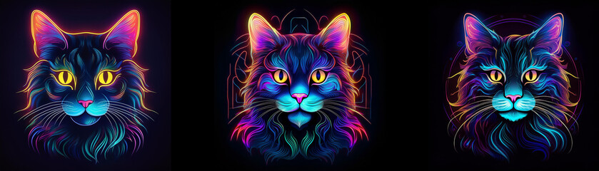 Poster - Three digital art portraits of cats with neon outlines and vibrant colors.