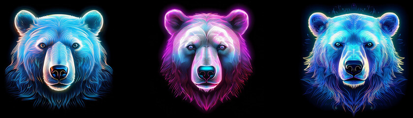 Aufkleber - Three bear heads with colorful glow, arranged in a row against a black background.
