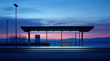 Fototapete - Serene Bus Stop at Dusk with Vibrant Sky