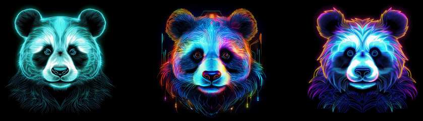 Poster - Three neon panda bear faces with different color schemes.