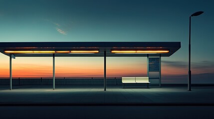 Fototapete - Evening Bus Stop with Colorful Sky at Dusk