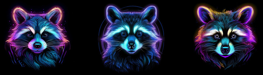 Poster - Three raccoon heads illuminated with neon colors against a black background.