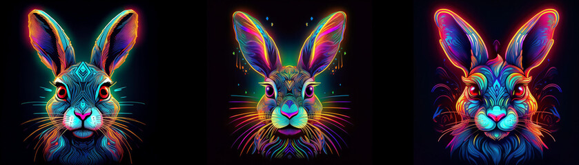 Poster - Three colorful rabbits with glowing fur look directly at the viewer.