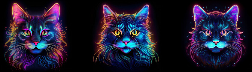 Poster - Three cats with different colorful neon outlines and black fur against a black background.