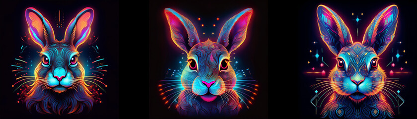 Poster - Three rabbits with vibrant colors are illuminated against a black background.