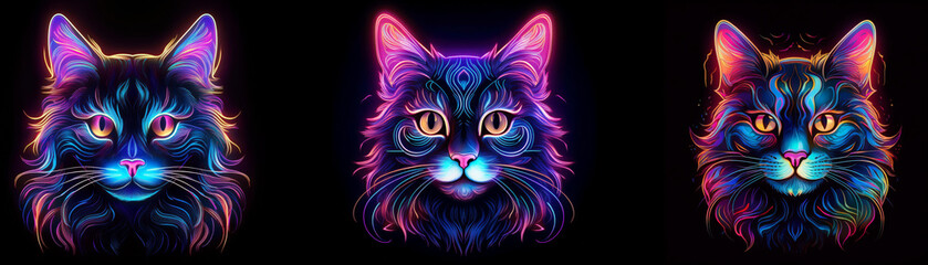 Poster - Three cats are depicted with their heads turned slightly towards the camera,  with neon colors illuminating their fur.