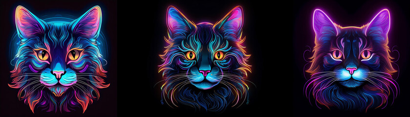 Poster - Three glowing cat portraits with vibrant colors and neon accents.