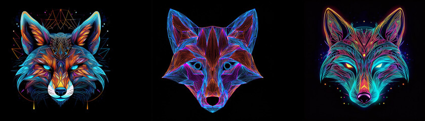 Poster - Three fox head illustrations with a dark background and neon blue, purple, and orange colors.