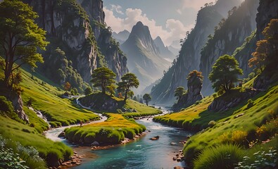 Aufkleber - Mountain range with a river running through it