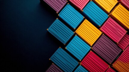 Fototapete - Colorful stacked blocks create a dynamic geometric pattern against a dark background, showcasing vibrant hues of blue, yellow, and red.